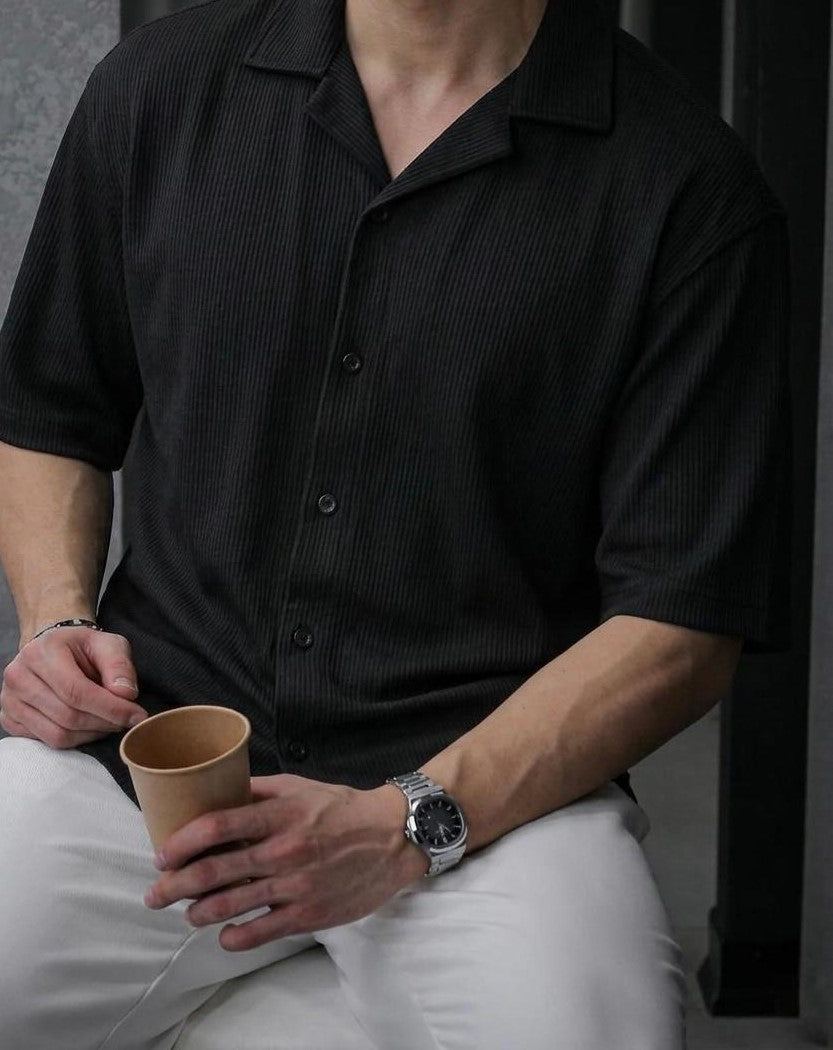 WAFFLE KNITTED SHIRT|DROP SHOULDER |FRONT DOWN BUTTON|BLACK