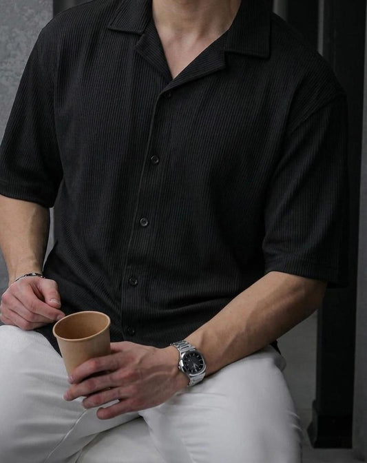 WAFFLE KNITTED SHIRT|DROP SHOULDER |FRONT DOWN BUTTON|BLACK