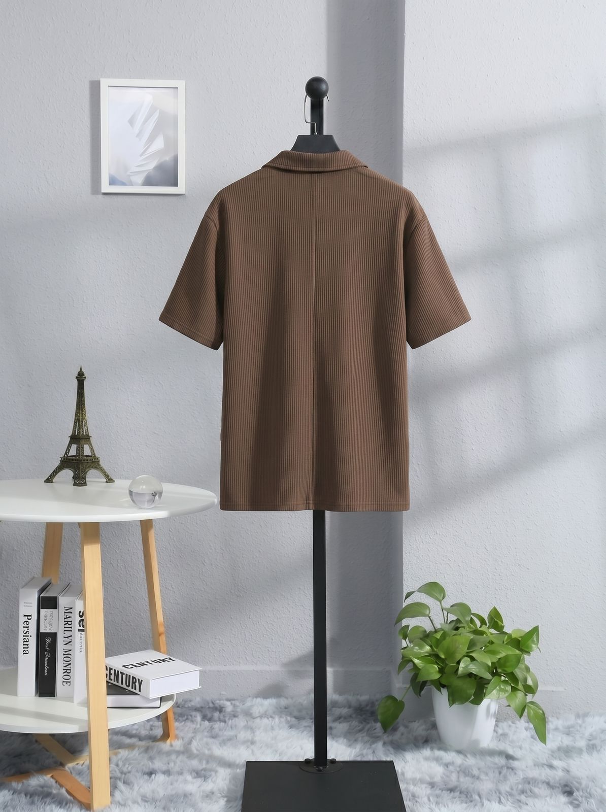 WAFFLE KNITTED SHIRT|DROP SHOULDER |FRONT DOWN BUTTON|BROWN
