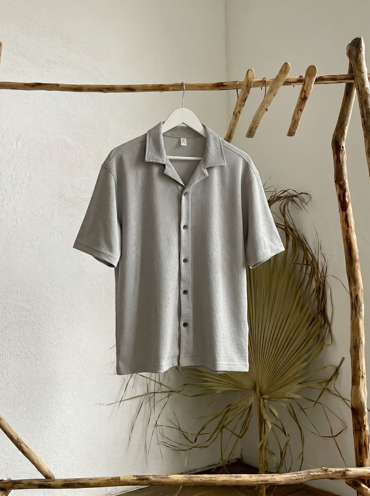 WAFFLE KNITTED SHIRT|DROP SHOULDER |FRONT DOWN BUTTON|GREY