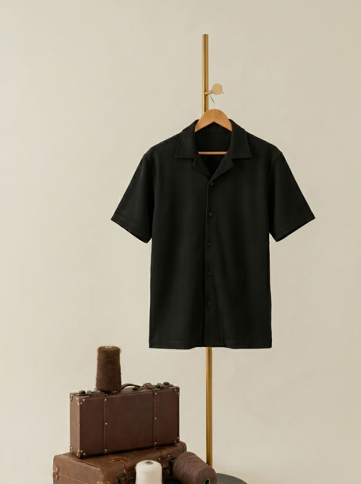 WAFFLE KNITTED SHIRT|DROP SHOULDER |FRONT DOWN BUTTON|BLACK