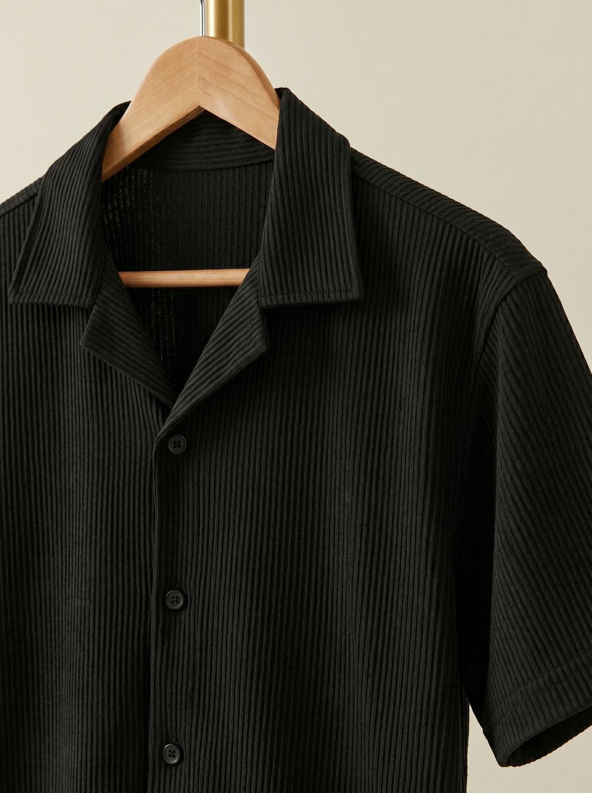 WAFFLE KNITTED SHIRT|DROP SHOULDER |FRONT DOWN BUTTON|BLACK