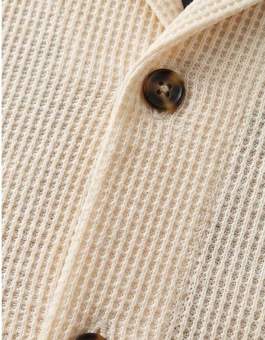 WAFFLE KNITTED SHIRT|DROP SHOULDER |FRONT DOWN BUTTON|CREAMY