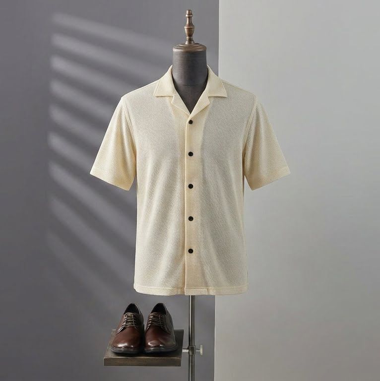 WAFFLE KNITTED SHIRT|DROP SHOULDER |FRONT DOWN BUTTON|CREAMY