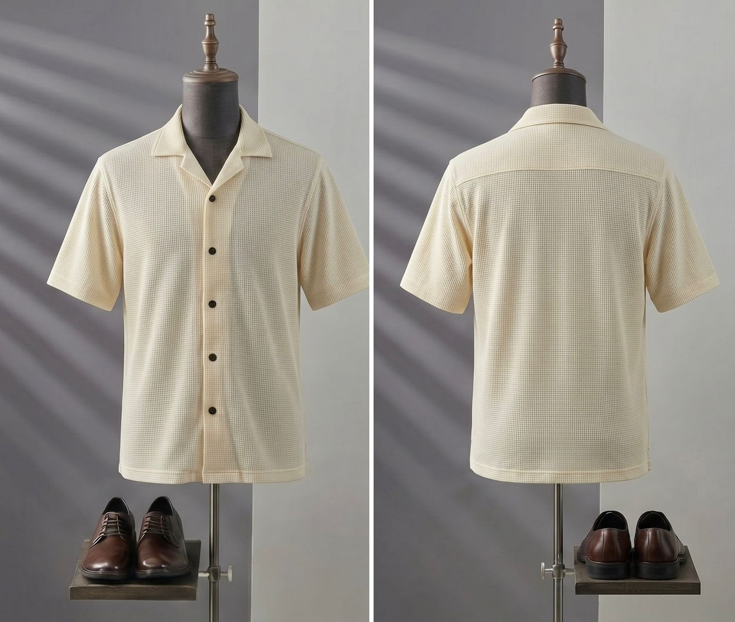 WAFFLE KNITTED SHIRT|DROP SHOULDER |FRONT DOWN BUTTON|CREAMY